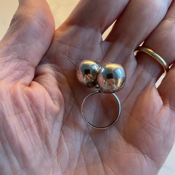 Vintage Sterling Silver 925 Stamped Boho Modernist Double Ball Adj Ring Sz OS - Picture 9 of 12